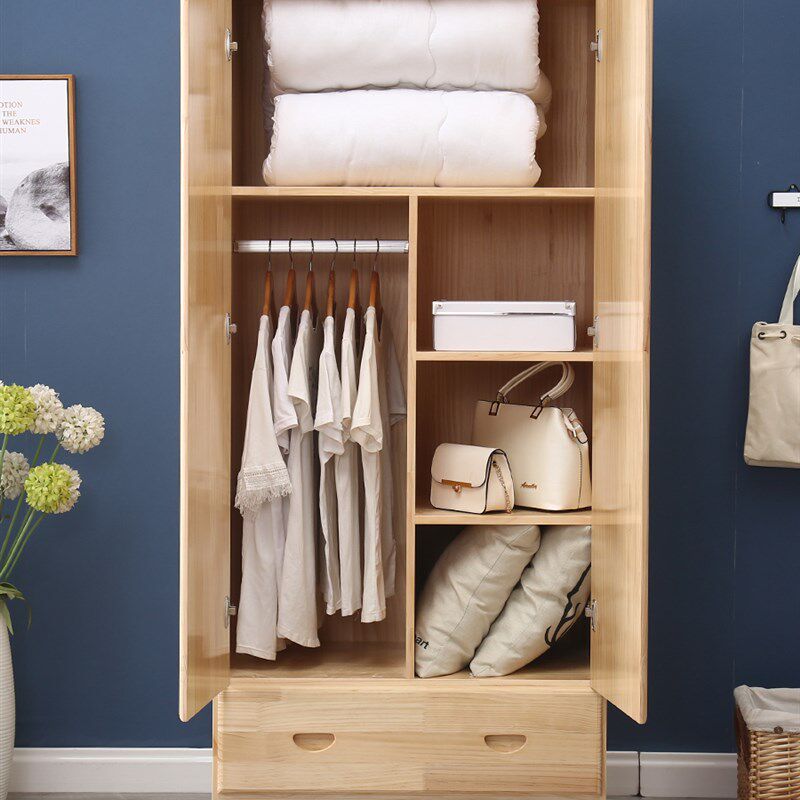 全实木衣柜现代简约经济型组装原木卧室整体N大衣橱两2门松木衣柜