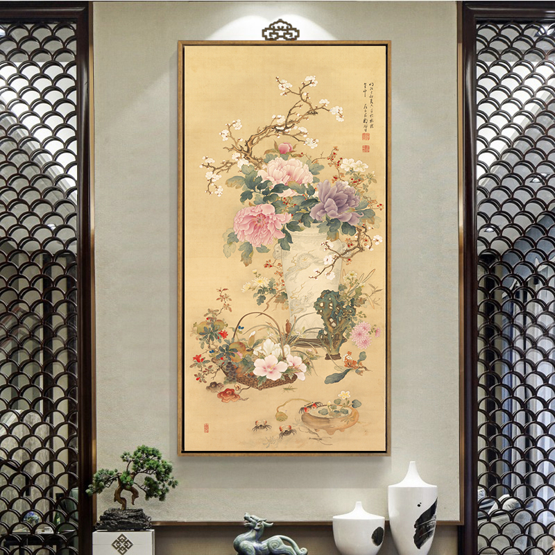 花开富贵牡丹挂画入户玄关装饰画新中式竖版过道走廊尽头壁画餐厅图片