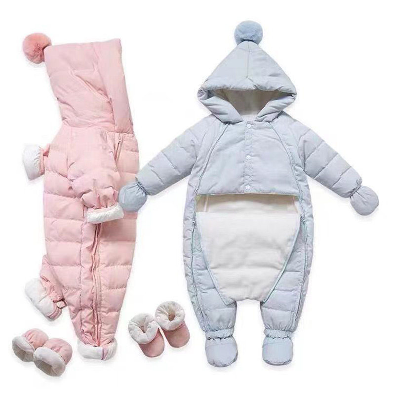 婴儿连体羽绒g服女冬装加绒加厚婴幼儿抱衣一岁哈衣男宝宝外出抱