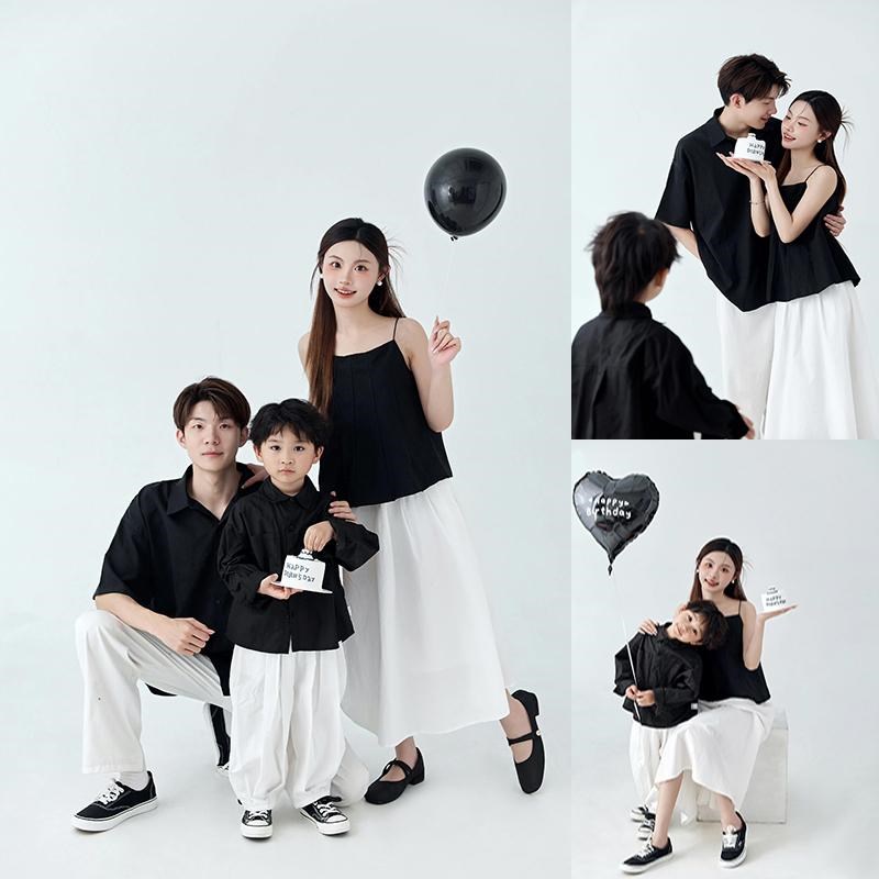 黑色系亲子主题全家福摄影服装家庭装三口装影楼拍照周岁亲子套装
