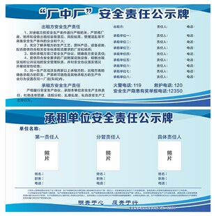 厂房承租单位安全责任公示牌浙江省工业园区厂中厂安全责任公示牌