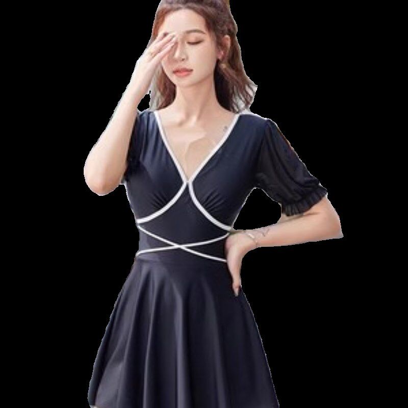 挚爱简约泳衣女连体保守裙式泳装大码遮肚显瘦泡温泉加大带袖泳衣