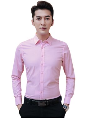 粉色结婚礼衬衫男长袖早秋冬季大尺码胖子新郎伴郎团订婚送领结衬