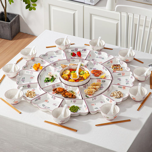 紫萱花团圆拼盘餐具组合家用年夜饭陶瓷盘子家庭聚T餐碗碟套装乔