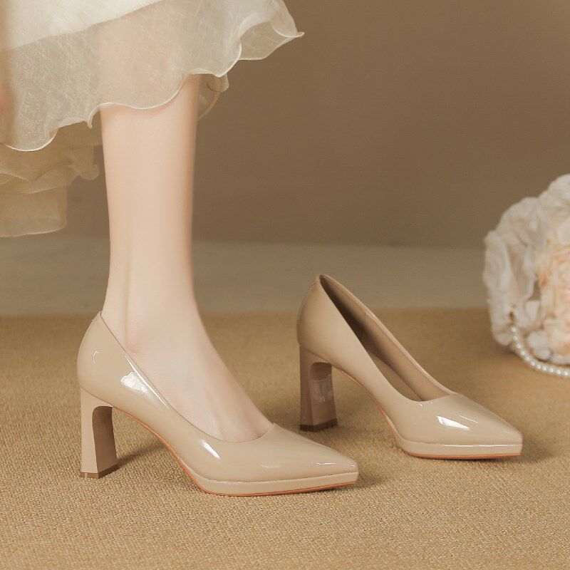 裸色防水台高跟鞋女2025新款尖头粗跟气质单鞋百搭黑色.职业工作