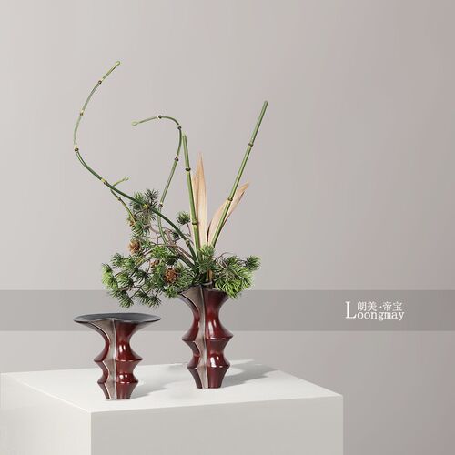 新中式侘寂风红色陶瓷小花瓶插花样板房客厅茶几卫生间花艺装饰品