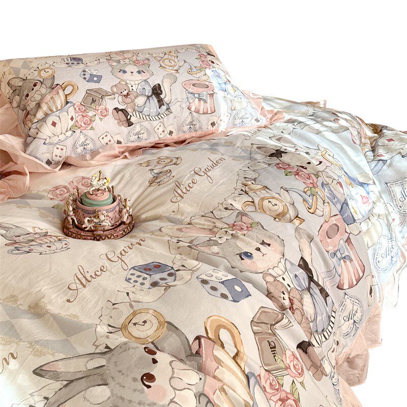 欧式少女心水洗棉花边款全棉床上四件套1.5m1.8米公寓被套床单三