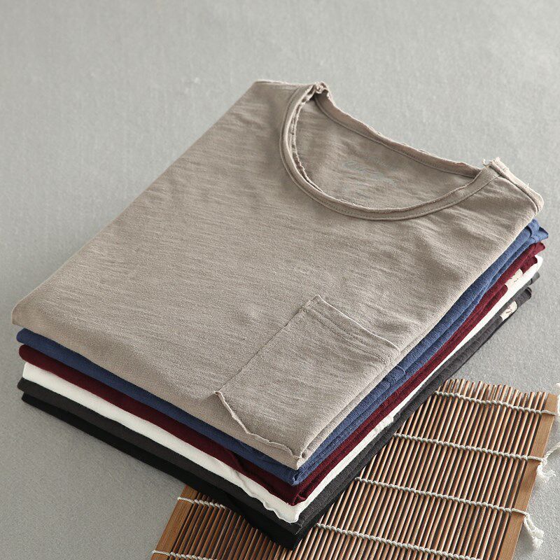 春夏季薄款日系竹节棉t恤男圆领宽松纯棉长袖体恤内搭纯色打底衫