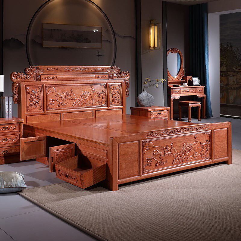 红木床双人床1.k8米中式家具明清古典金花梨木大床菠萝格全实木床