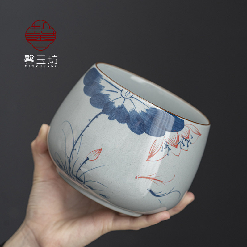 荷花手绘茶洗杯洗茶渣缸陶瓷洗茶盆桌面茶水桶倒茶叶渣茶钵建水盂