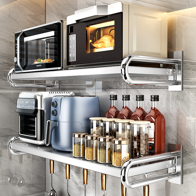 304不锈钢f厨房微波炉架子置物架壁挂式免打孔墙上挂烤箱收纳支架