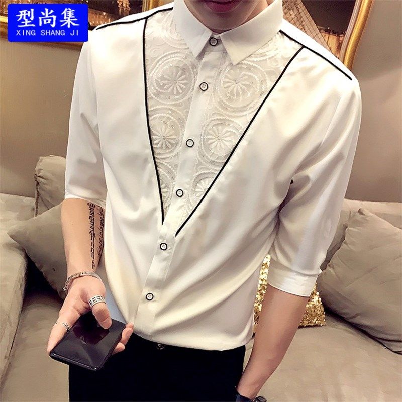 男士个性蕾丝七分中袖衬衫夏天发型师夜场少爷工作服韩版帅气衬衣