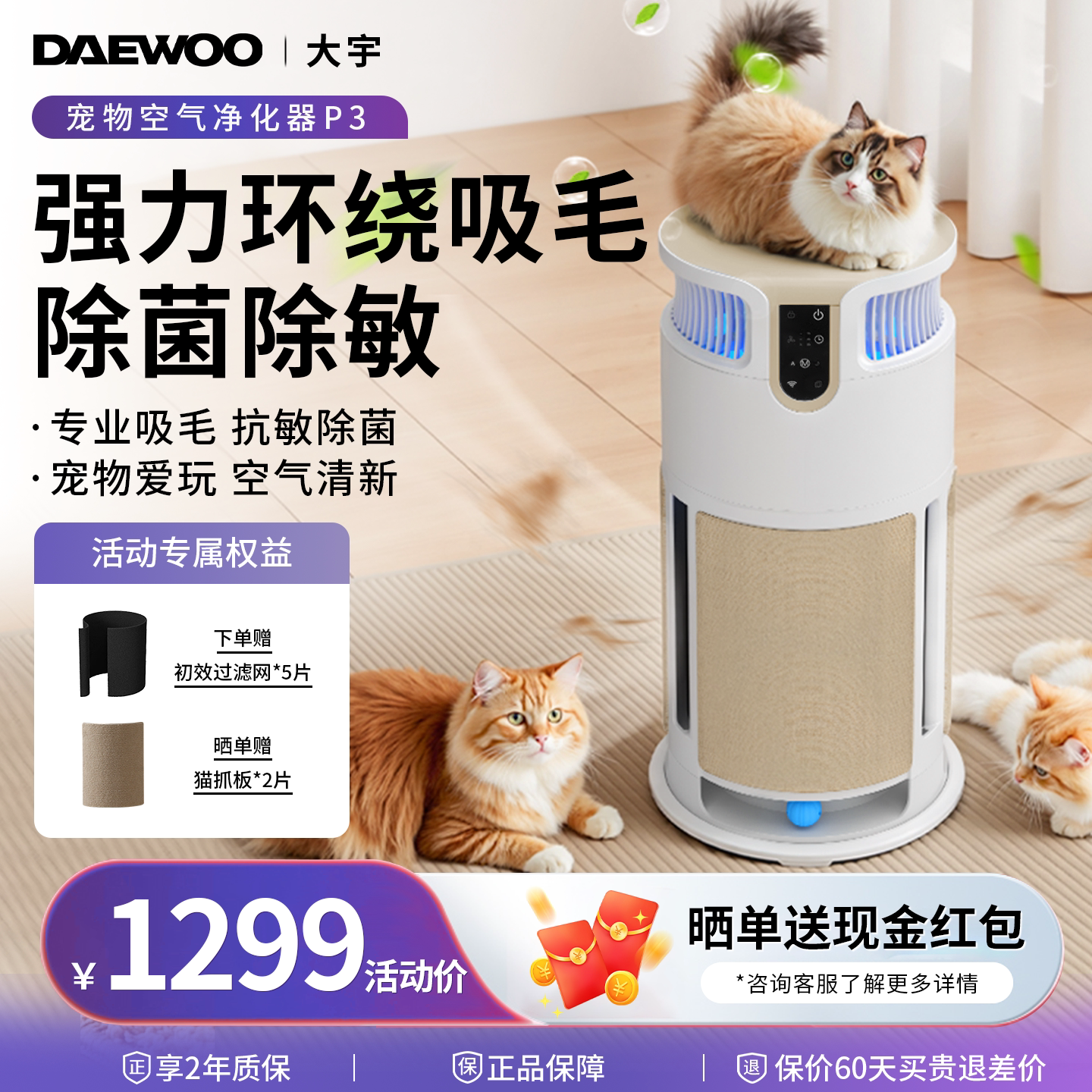DAEWOO大宇P3空气净化器吸猫毛