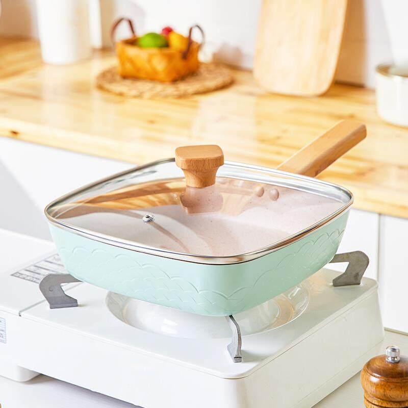 厨娘物语方形煎锅鱼鳞花纹麦饭石不粘锅深口浅口炒锅煎锅送竹铲