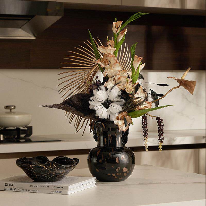 行野花艺师手工作品《黑羽金叶》中古花瓶摆件插花彷真花束装饰品