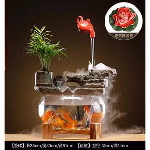 创意小型流水玻璃鱼缸陶瓷摆件悬壶水循环客厅转运生财猫咪饮水器