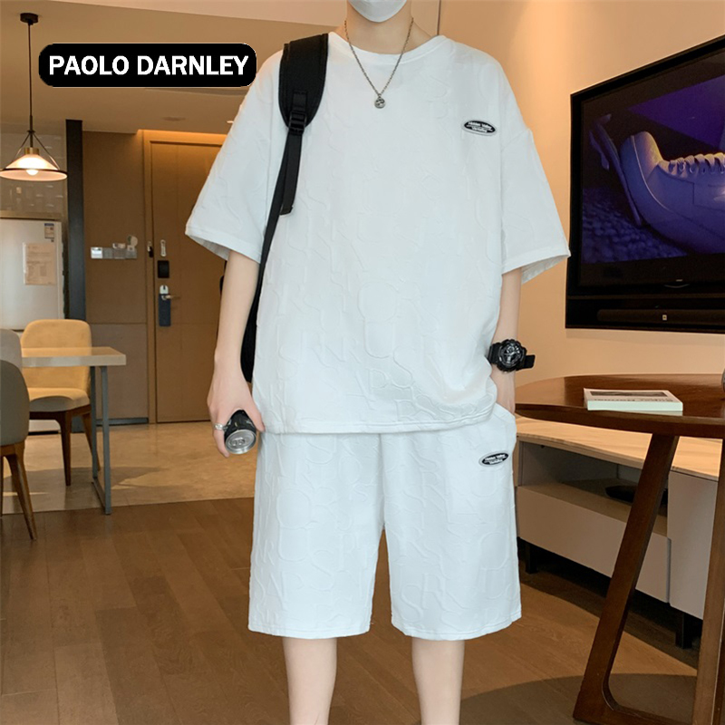 夏季男士休闲运动套装华夫格宽松潮牌潮流帅气短袖一套短裤两件套