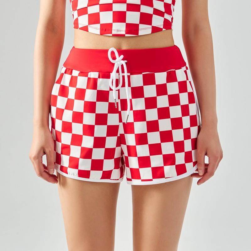 花色折扣DS219拼色棋盘格宽松瑜伽短裤舒适透气健身裤跑步训练裤