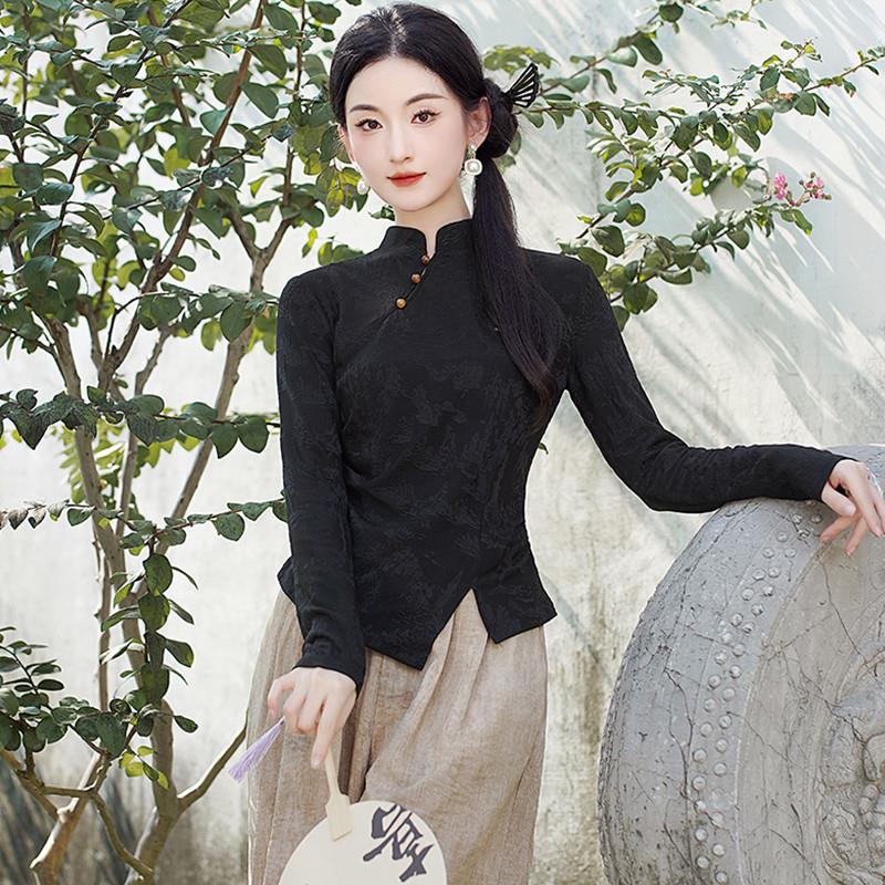新中式提花上衣不规则设计感正肩长袖t恤女修身黑色内搭打底衫秋