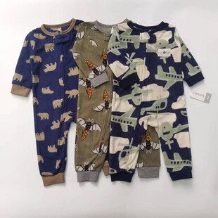 婴儿秋冬摇粒绒保暖连体衣u拉链拉角平哈可爱印花男女宝宝爬爬服