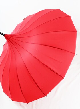 日系纯色宝塔伞红色长柄雨伞女新娘结婚16骨公主皮柄弯钩直杆洋伞