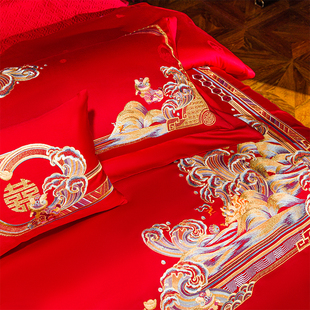 婚庆四件套大红全棉刺绣新婚被套婚房喜被十件套结婚床上用品