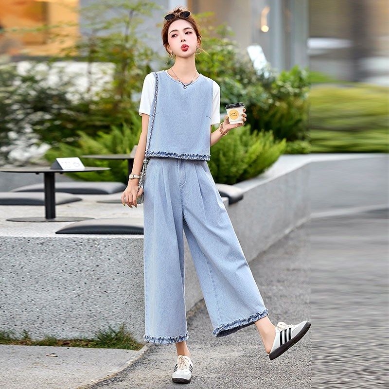 夏季牛仔b马甲T恤阔腿裤套装女2025新款爆款高级感九分裤小个子