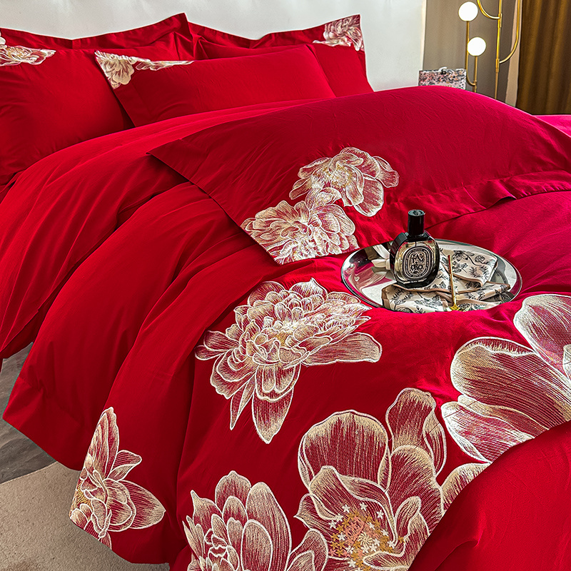 冬季200支全棉磨毛四件套结婚加厚纯棉牀单被套红色婚庆牀上用品4