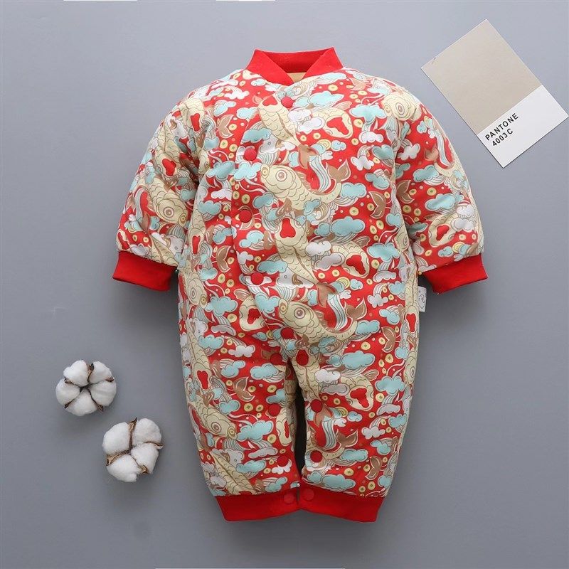 婴幼儿棉花敞脚连体衣按扣开底男女宝宝保暖加厚冬哈衣纯棉手工