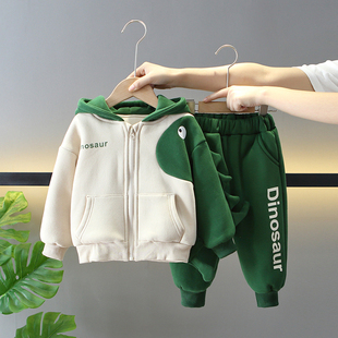 男童冬季加绒加厚套装2024新款儿童卡通恐龙秋冬装宝宝时髦两件套