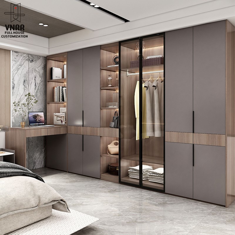 实木平开门衣柜家用卧室现代简约玻璃门衣帽间四五六门大衣橱定制