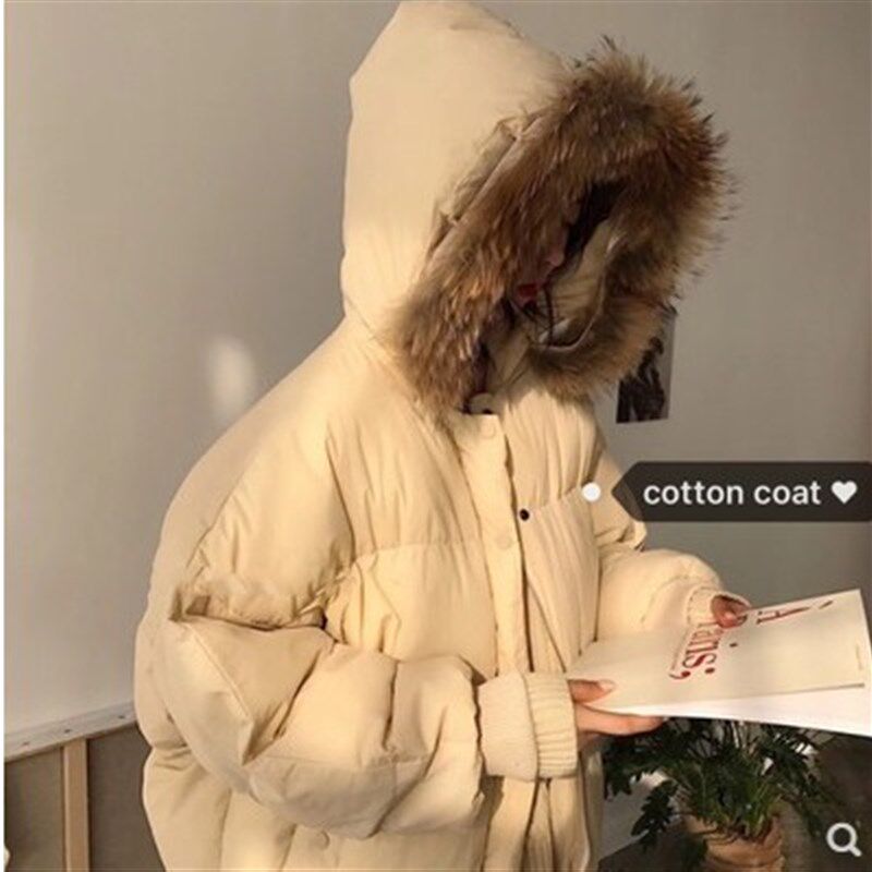 反季棉服女中长款加厚连帽大毛领冬G装新款韩版宽松羽绒棉衣棉袄