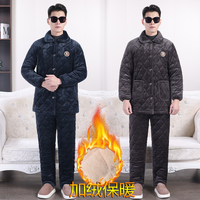 睡衣男冬加厚加绒新款三层夹棉牛奶绒可外穿中老年家居服保暖套装