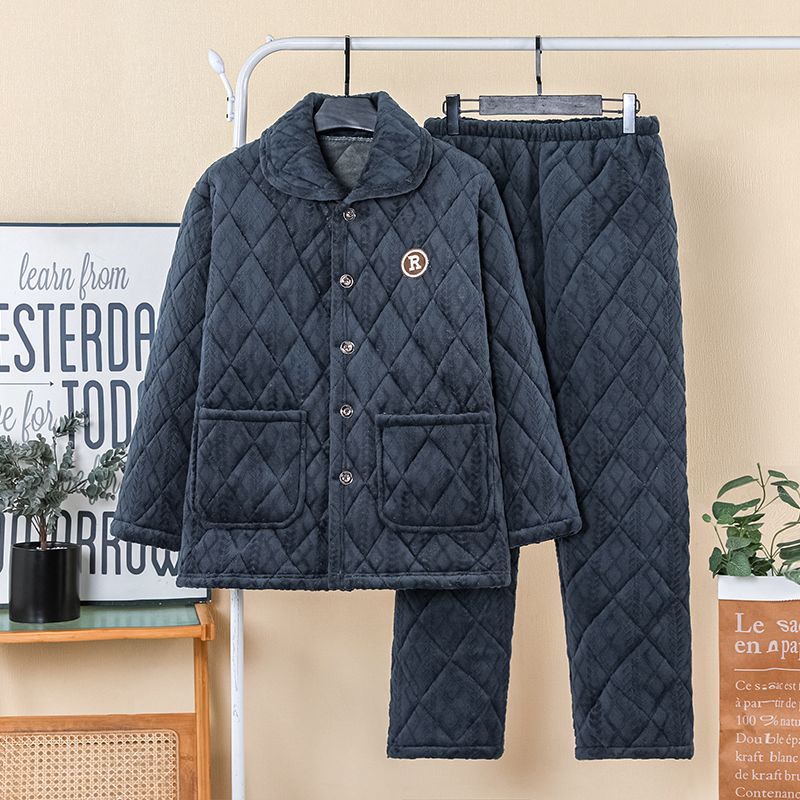 睡衣男士冬季加厚加绒牛奶绒夹棉三层家居服套装