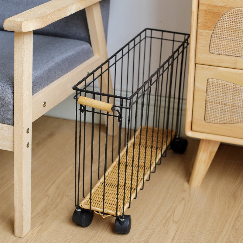 编织铁艺窄形夹缝客厅杂志筐长条缝隙茶几边置物篮带轮子