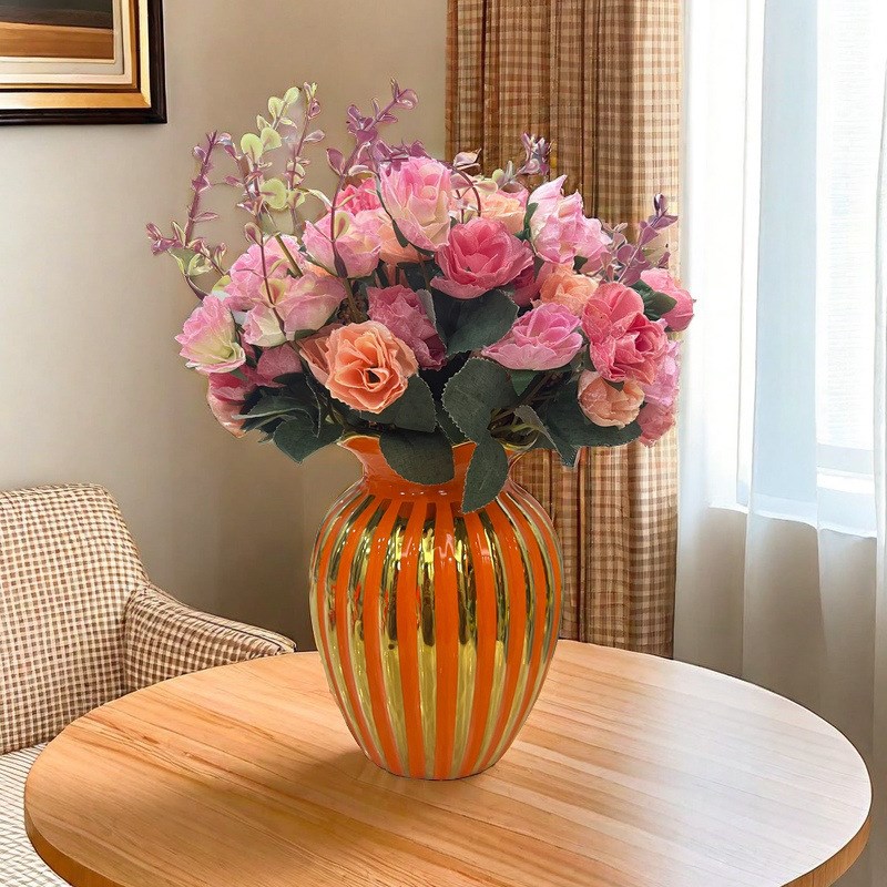 新款高档玫瑰仿真花带花瓶摆件客厅茶几绢花艺餐桌电视柜摆花套装