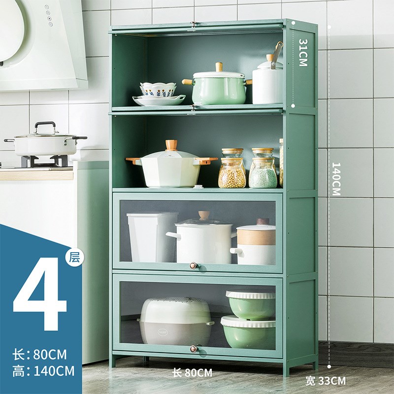 厨房用品收纳柜落地多层碗橱柜客厅阳台置物架带门储物柜竹木书柜