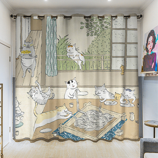 卧室客厅挂钩遮光打孔窗帘布 浮世绘猫咪卡通定制粗麻长帘插画个性