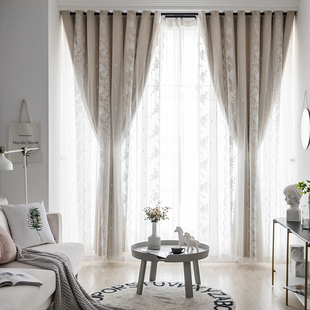现代韩式蕾丝清新公主风布纱帘双层纯色遮光客厅卧室飘窗成品窗帘