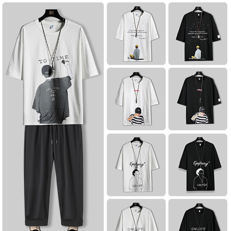 夏季套装男潮流帅气韩版学生宽松五分袖工装裤休闲一套搭配两件套