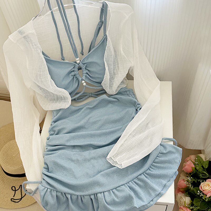 泳衣女连体平角裙式长袖雪纺罩衫遮肚显瘦小胸蓝色温泉度假游泳装