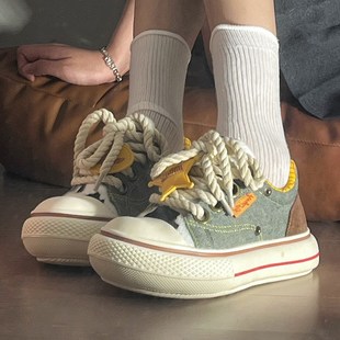 胡迪牛仔帆布鞋男女鞋秋季休闲厚底板鞋增高丑萌大头鞋子情侣鞋潮