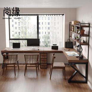 家用靠墙拐角办公桌书房l型双人电脑桌子 实木转角长书桌书架一体