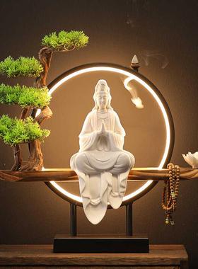 陶瓷玄关家居灯摆件倒流香炉装饰禅意底座客厅观音菩萨佛像灯圈