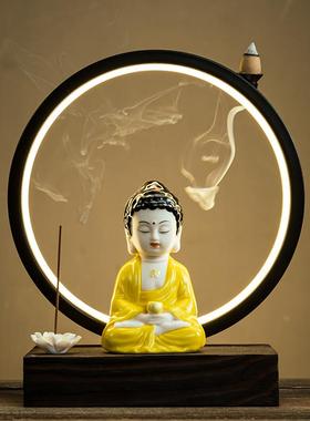 陶瓷如来佛像新中式客厅桌面办公室创意led灯圈禅意发光装饰摆件