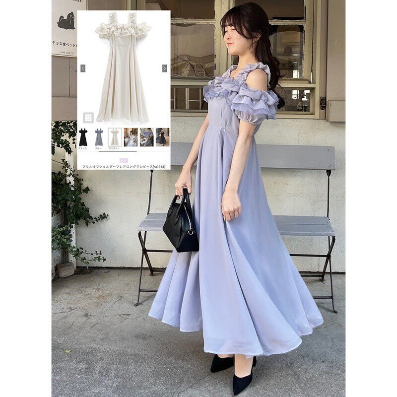 【日本代购】GRL女士荷叶边一字肩雪纺长裙收腰度假风连衣裙