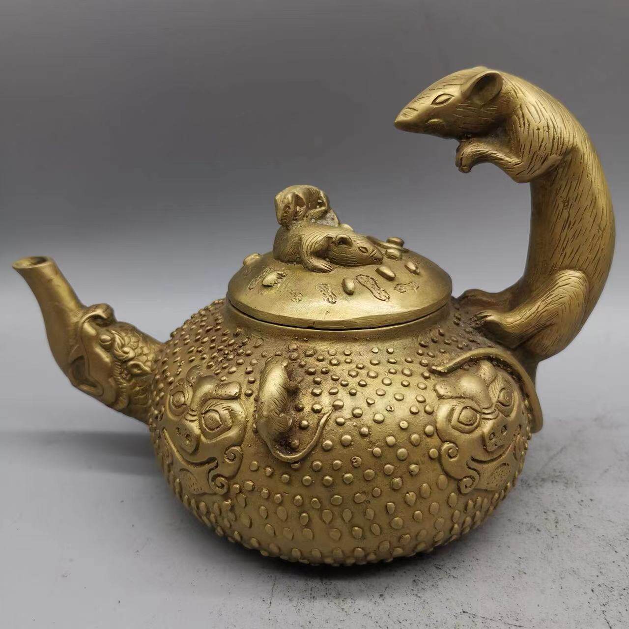 古董古玩仿古铜壶五鼠壶酒壶 老物件乡下收藏 水壶居家工艺