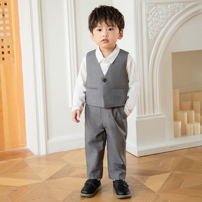 男童礼服秋季新款韩版帅气纯色马甲两件套宝宝P周岁生日摄影服套