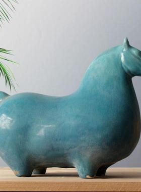 陶瓷马摆件仿古做旧短腿马抽象马家居电视柜装饰品中国风摆设礼品