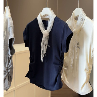 简约百搭捏褶短款 2026修身 上衣配丝巾 t恤女夏季 小马刺绣正肩短袖